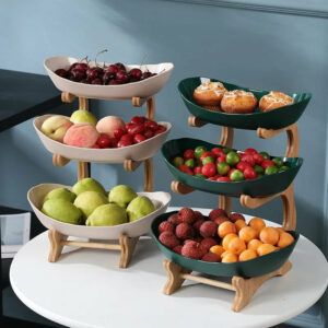 Wooden Fruit Bowl with Floors Partition | Multi-Tiered Candy Cake Tray - Kitchen Dinnerware Table Plates & Dishes